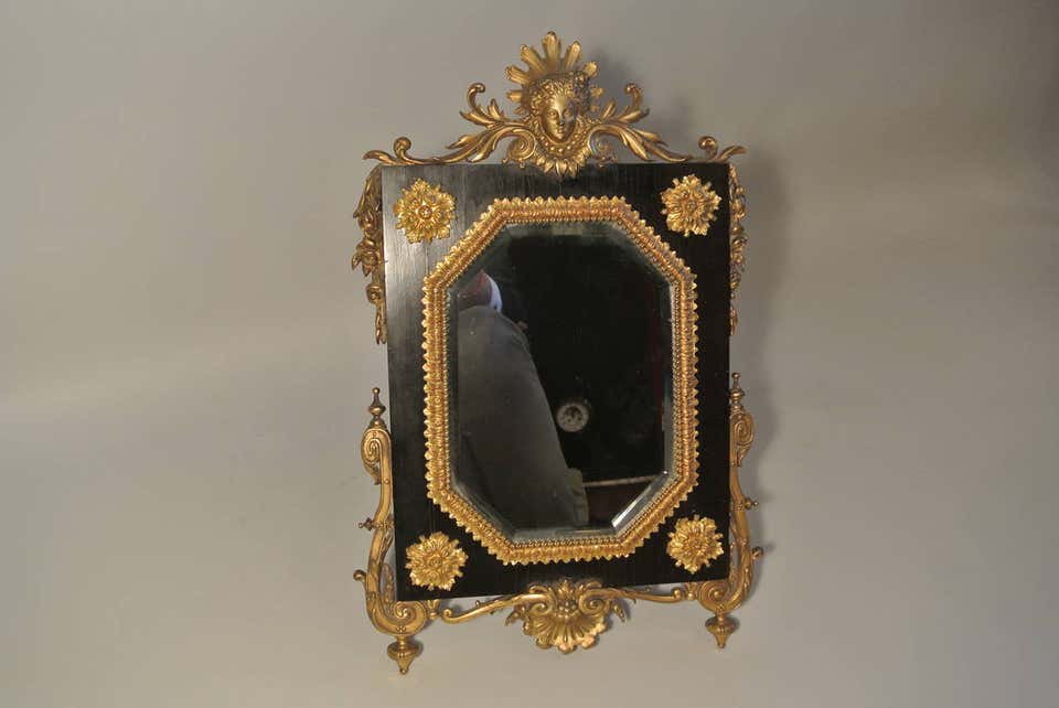 Table Mirror Ormolu On Ebony, Beveled Mirror And Gilded Bronze-photo-3