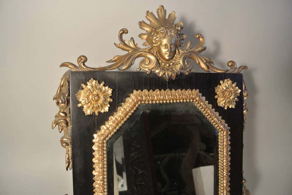 Table Mirror Ormolu On Ebony, Beveled Mirror And Gilded Bronze-photo-6