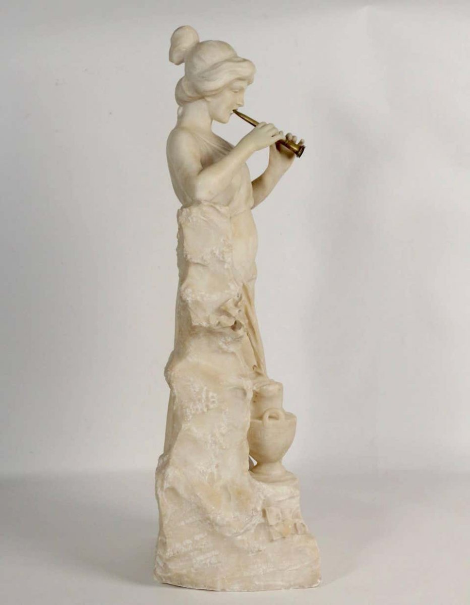 Alabaster, 19th Century, Woman With A Flute Beside The Fountain, Bronze Flute-photo-2