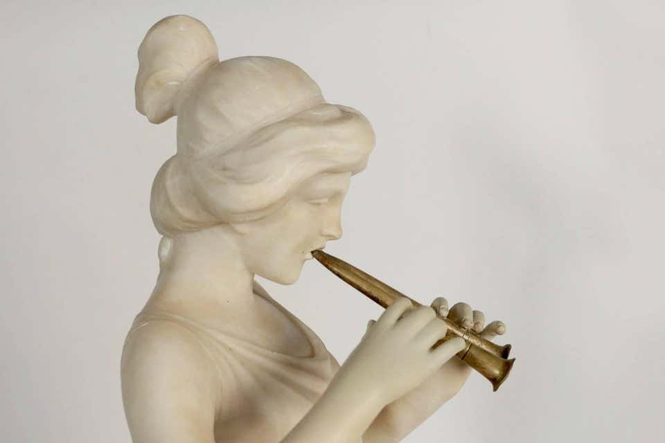  Albâtre , 19ème Siècle, Femme à La Flute A Côté De La Fontaine, Flute En Bronze. -photo-4