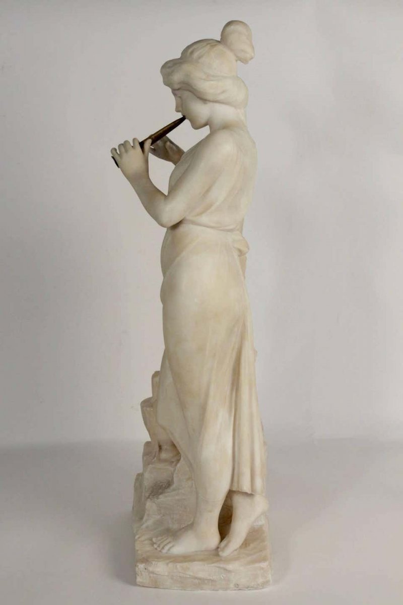 Alabaster, 19th Century, Woman With A Flute Beside The Fountain, Bronze Flute-photo-3