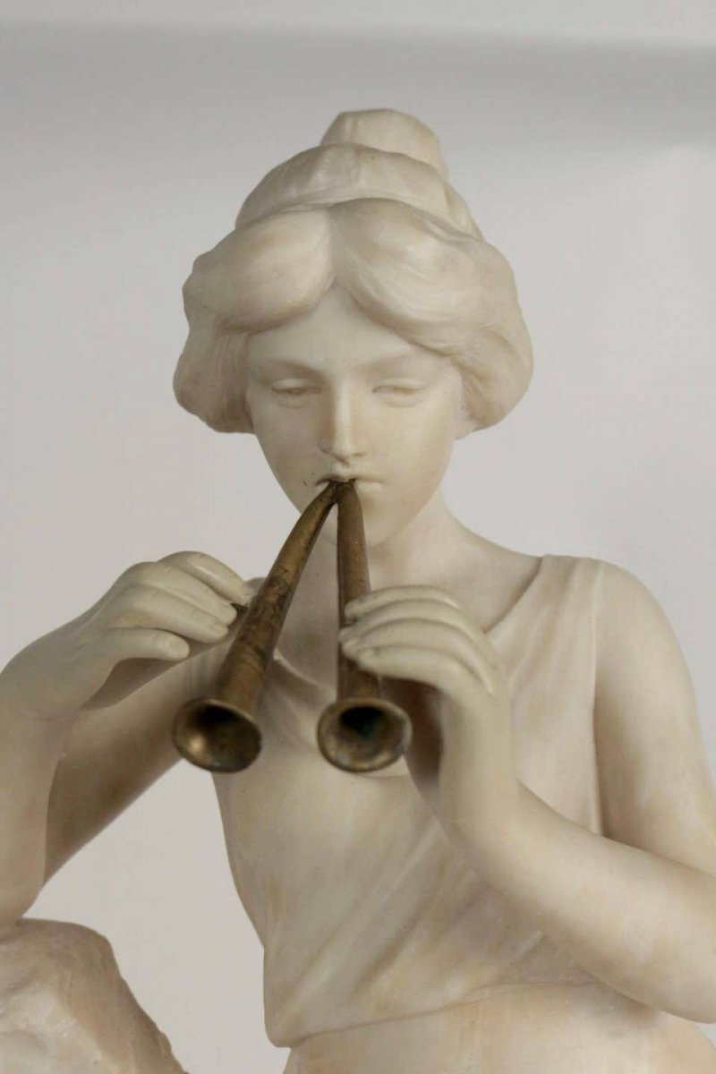  Albâtre , 19ème Siècle, Femme à La Flute A Côté De La Fontaine, Flute En Bronze. -photo-5