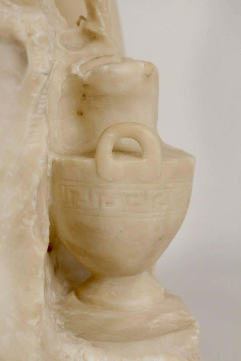 Alabaster, 19th Century, Woman With A Flute Beside The Fountain, Bronze Flute-photo-6