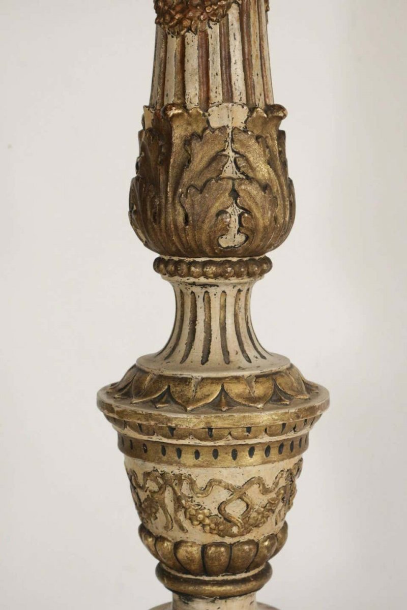  Pique Cierge En Bois Sculpté Laqué Et Doré, 19ème Siècle, Epoque Napoléon III-photo-1
