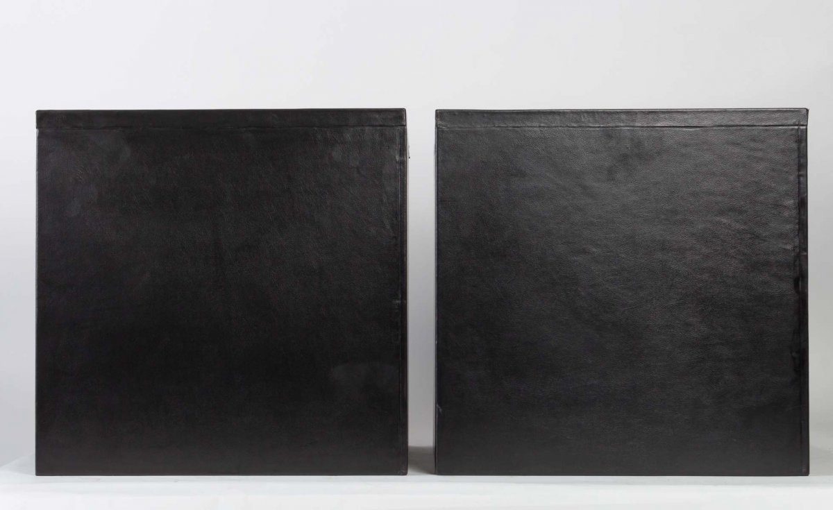  Pair Of Wooden Bases Covered With Black Leather -photo-2