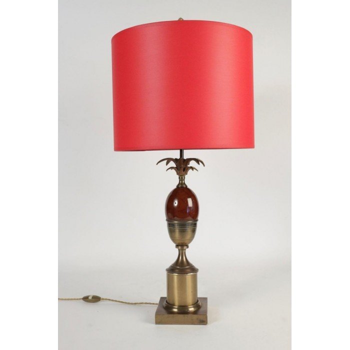  Lampe Des Années 1960 En Laiton Et Résine De Couleur Rouge Dans Le Goût De Charles.-photo-1