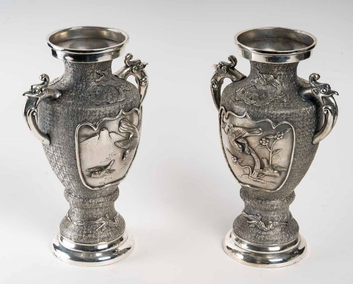Pair Of Silver Metal Vases, Asia-photo-2