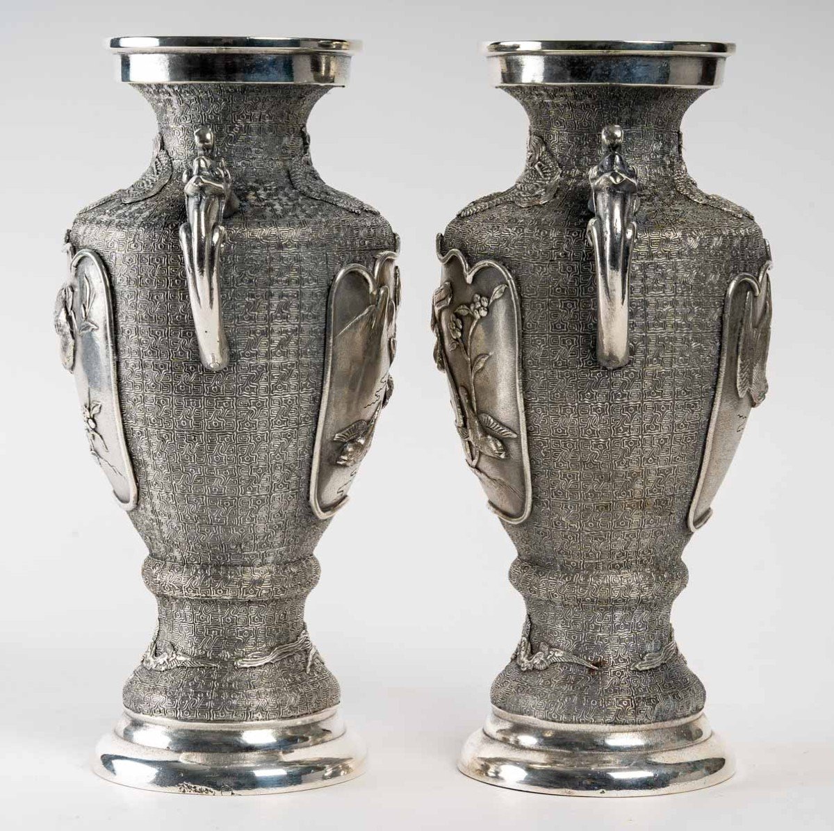 Pair Of Silver Metal Vases, Asia-photo-4