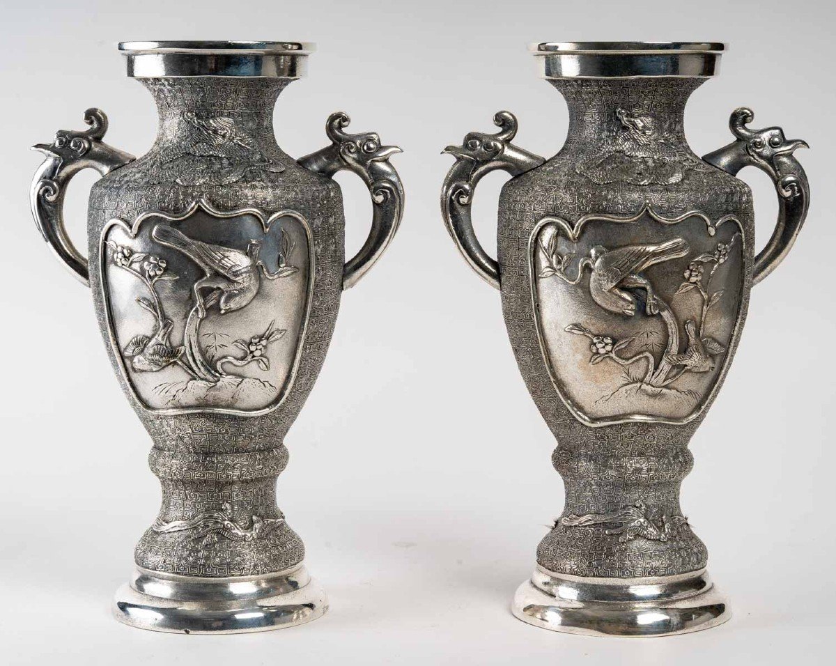 Pair Of Silver Metal Vases, Asia-photo-5