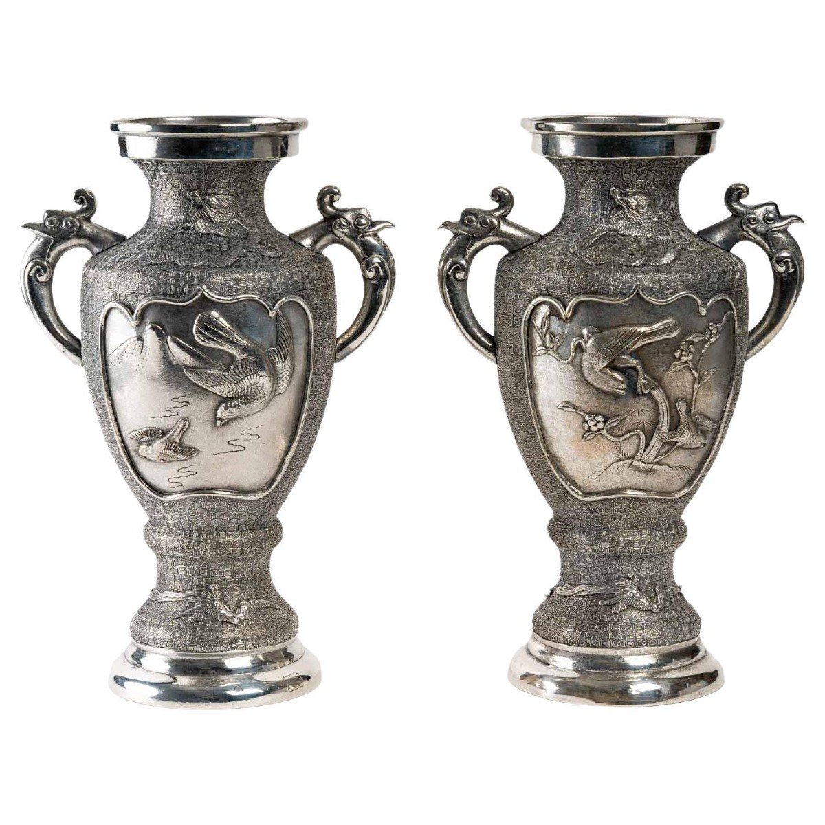 Pair Of Silver Metal Vases, Asia