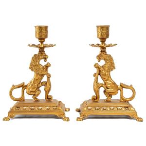 Pair Of Bronze Candlesticks, XIXth Century