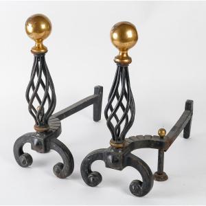 Pair Of Andirons In Wrought Iron, Circa 1940.