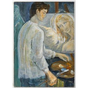 Peinture, Huile Sur Toile De l'Artiste Evelyne Luez, "le Peintre à Son Chevalet".