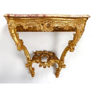 Console In Carved And Gilded Wood, Marble Top, 18th Century.