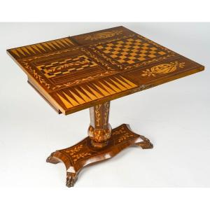 Chessboard, Backgammon Table, Games Table In Wood Marquetry, Early 20th Century.