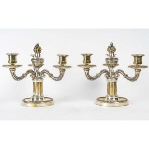 Pair Of Candelabras In Silvered Bronze, 19th Century, Napoleon III Period.
