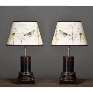 Pair Of Column Table Lamps In Blackened Wood, 20th Century.
