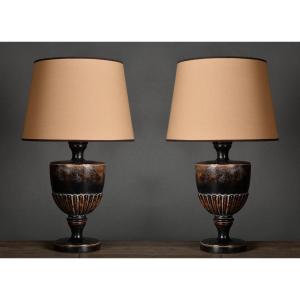Pair Of Baluster Table Lamps In Blackened Wood, 20th Century.
