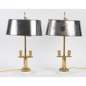 Paire De Bougeoirs Montés En Lampe à Poser, XIXème Siècle, Epoque Napoléon III .