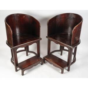 Pair Of Wooden Dignitary Armchairs, Footstool, Asian Art