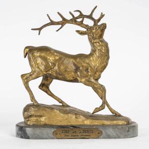 Gilt Bronze Sculpture, Deer In The Wild By Aignon, Sculptor, 19th Century, Napoleon III