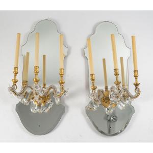 Pair Of Sconces In Mirror And Gilded Iron And Glass Papillae, 1950-1960