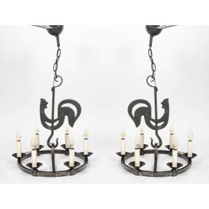 Pair Of Wrought Iron Chandeliers From The 1950s-1960s By Jean Touret, Atelier Marolles