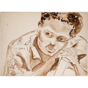 Peinture à L’eau Sur Papier, Portrait D’une Femme Africaine, XXème Siècle.