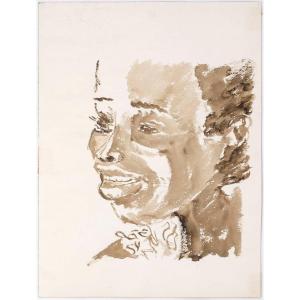 Water Painting On Paper, Portrait Of An African Woman, 20th Century.