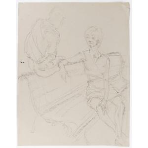 Drawing On Paper Representing A Young Woman On A Bench In Conversation, 20th Century.