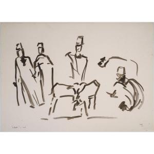 Wash Drawing By The Artist Evelyne Luez On Paper, 20th Century.