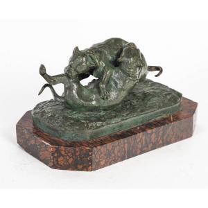 Sculpture En Bronze De Deux Chiens Jouant Sur Socle En Marbre, XIXème Siècle, époque Napoléon I
