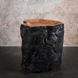End Of Sofa, Side Table On Wheels In Blackened Wood, Built In A Tree Trunk, XX