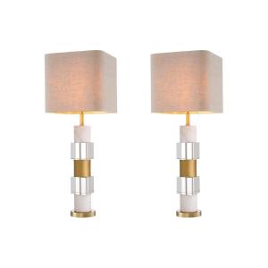 Paire De Lampes De Table En Laiton Patiné, Marbre Blanc Et Cristal.