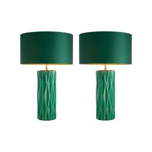 Paire De Lampes De Table En Céramique Verte Craquelée Et Finition Laiton Patiné.