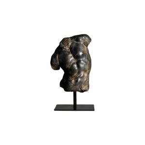 Sculpture De Torse D’apollon Noir, Petite Taille, En Résine Et Socle En Métal.