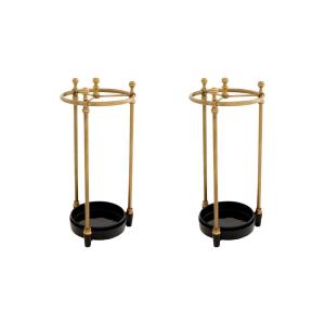 Pair Of Elegant Umbrella Stands, Patinated Brass Finish, Black Drip Tray.