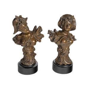 Pair Of Spelter Sculptures, Wooden Base, Art Nouveau, 1900.