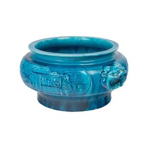 Jardinière en céramique bleu, décor Chinoisant, Longwy, XIXème siècle