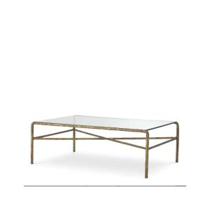 Table basse avec plateau en verre trempé et structure en aluminium finition laiton vintage