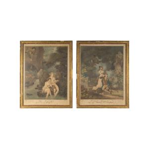Paire d’aquarelles par Schall P et Descourtis, XIXème siècle, époque Napoléon III.