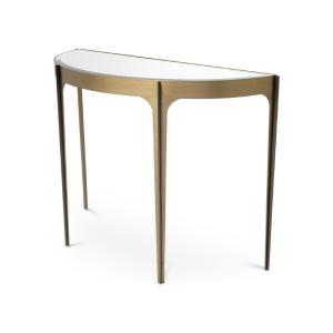Stylish Half-moon Console Table With A Brushed Brass Finish And Beveled Mirror