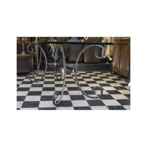 Dining Table Made Of Solid Wrought Iron With A Glass Top, 20th Century.