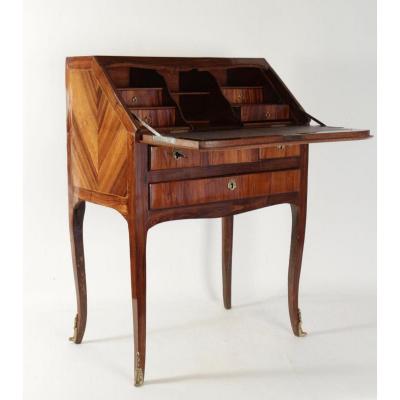 Bureau De Pente, Style Louis XV, Placage De Bois Précieux, 19ème Siècle