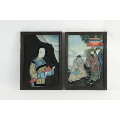 Pair Of 19th Century Asian Painting Under Glass Of Superior Quality 