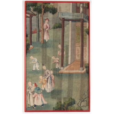 Soie, Peinture Chinoise, XIXème Siècle, Scène De Temple, Asie