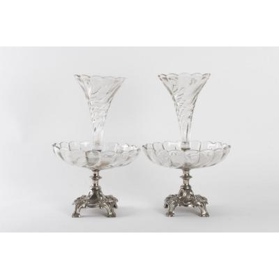 Pair Of Silvered And Crystal Metal Bouquetières, Art Nouveau, 1910