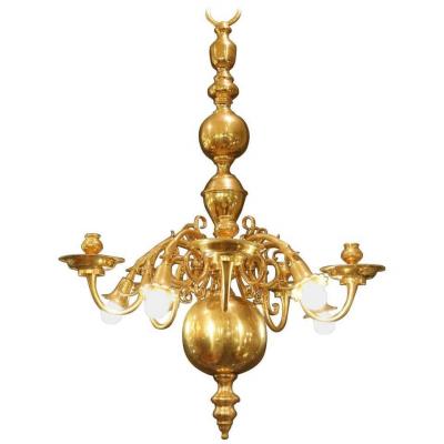 Lustre De Style Hollandais Du 19ème Siècle En Bronze Doré, 5 Lumières Et 5 Bougeoirs 