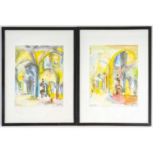 Pair Of Watercolours, Church Interior