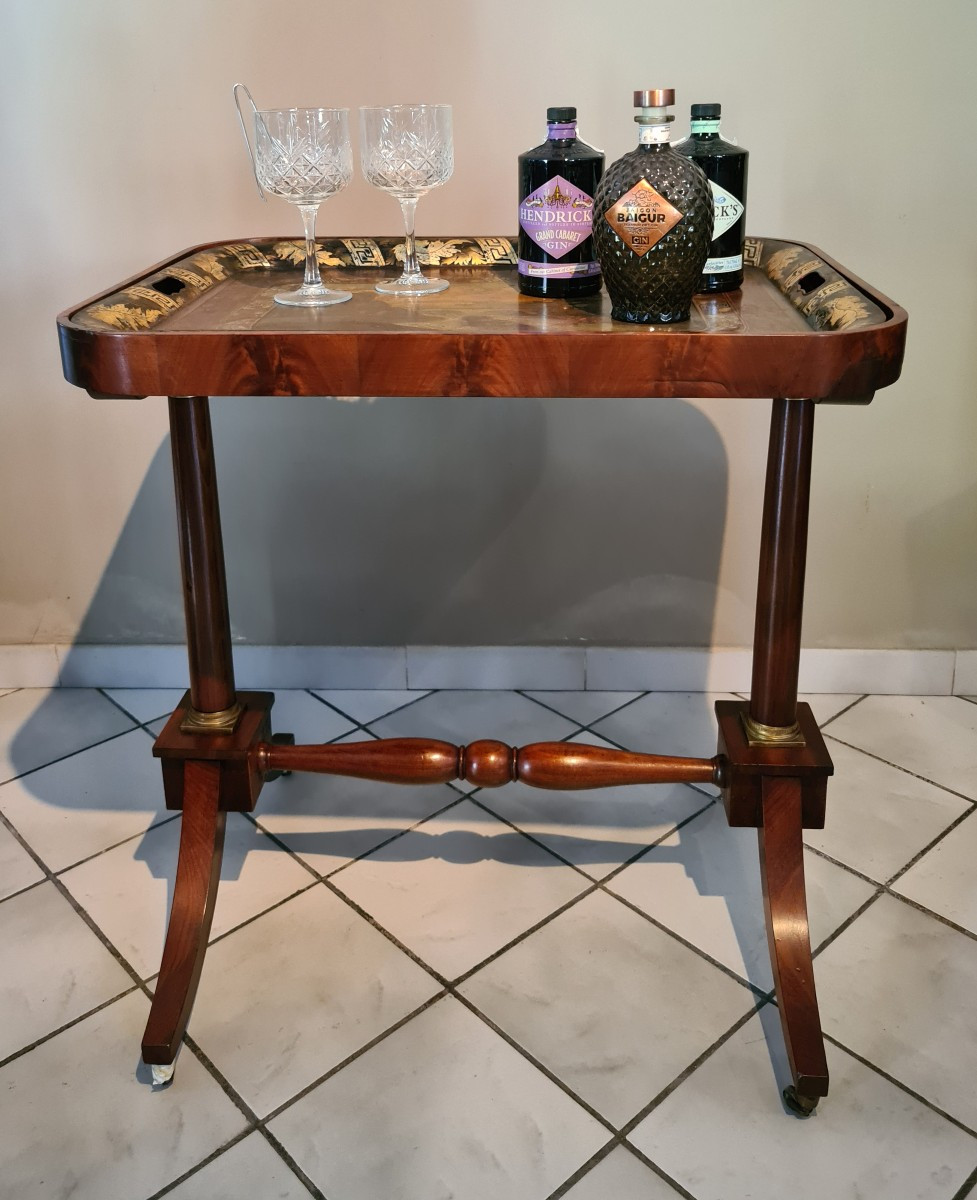 Empire Mahogany Coffe Table With A Removable Painted Toile Tray-photo-4